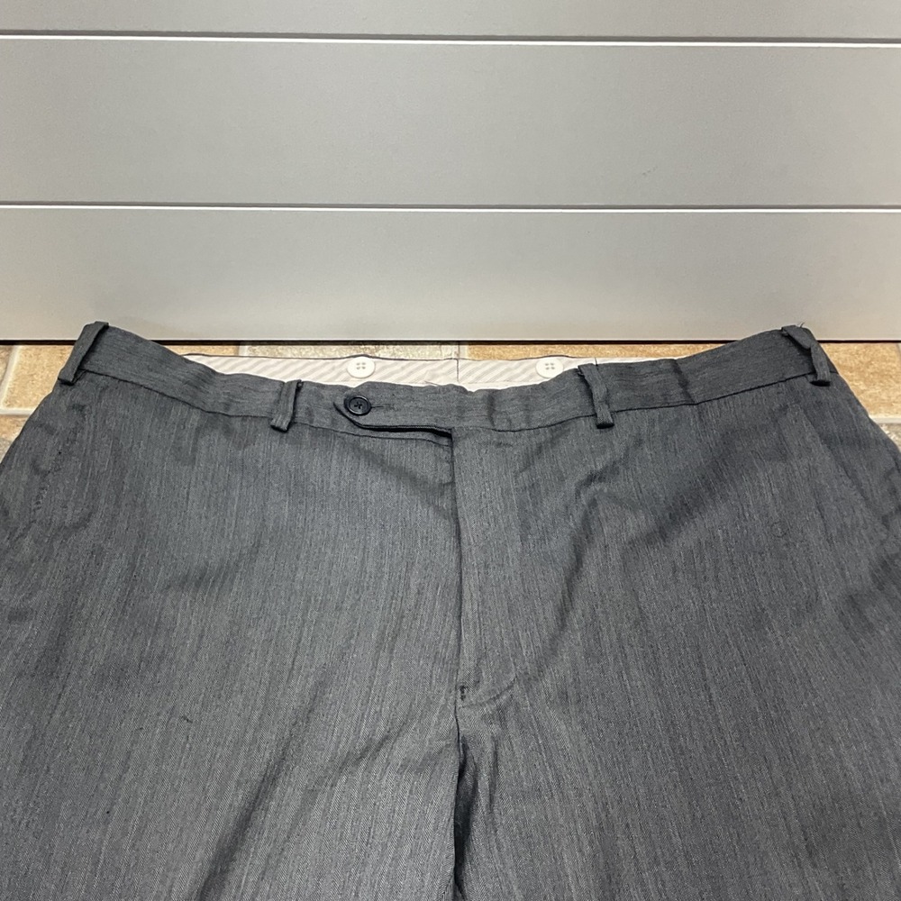 Mens Grey Herringbone Dress Pants Cuffed Flat Front Trousers 39x29.5